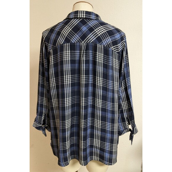 Women's J.JILL Denim Blue/White Plaid 3/4 Sleeve Viscose/Rayon Button-Up Shirt L - Picture 7 of 13